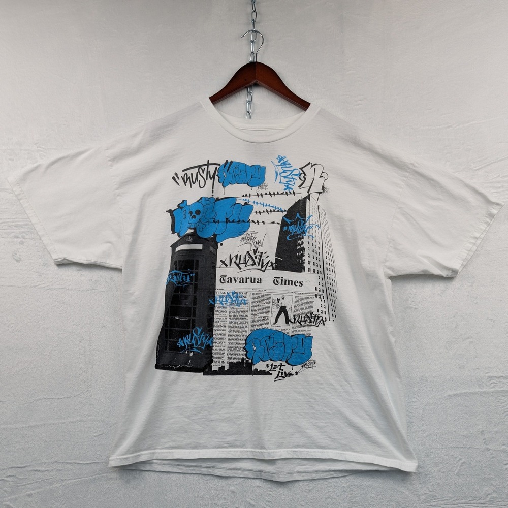 VTG Rusty T-Shirt Men's XX Large White Graffiti Streetwear Surf Skater USA Y2K